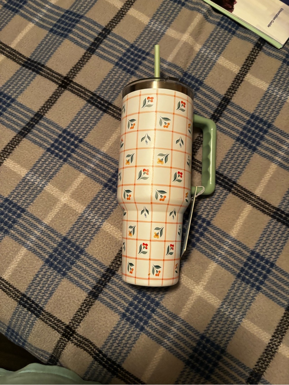 Insulated Floral Check Travel Tumbler with Handle - Green